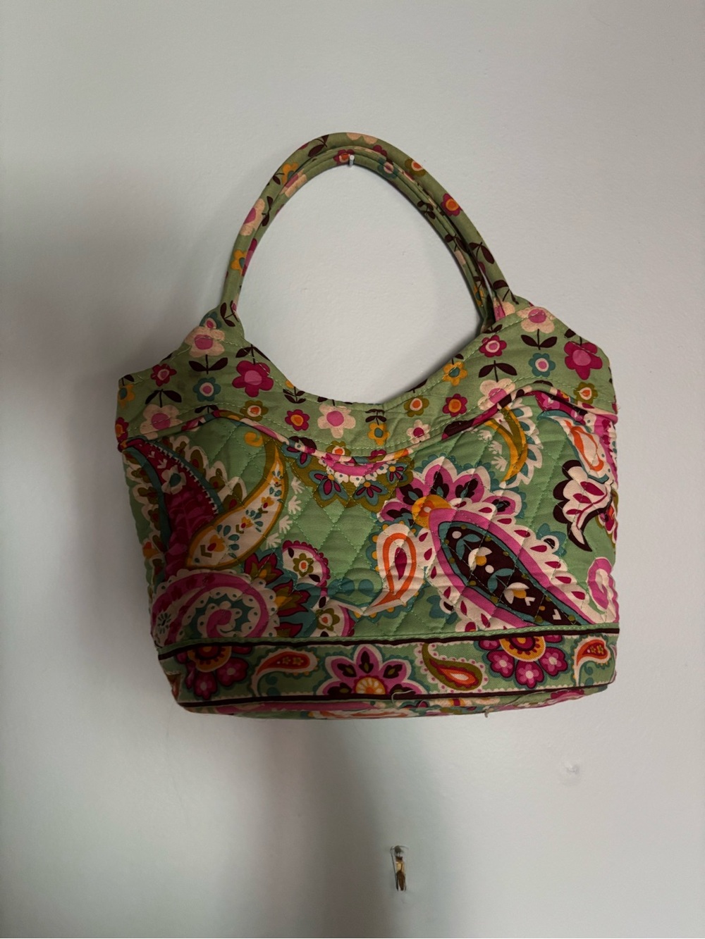 Vera Bradley Quilted Paisley Tote in Sage Green with Pink Accents